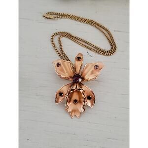 Bugbee and Niles Gold Tone and Purple Rhinestones Orchid Brooch Necklace